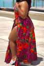 Xl-4Xl New Batch Printing Stretch Halter-Neck Low-Cut Tie-Waist High Slit Sexy Stylish Maxi Dress