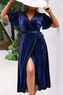 Xl-4Xl Plus Size Summer New Stylish 3 Colors Solid Color Inelastic V-Neck With Belt Split High Quality Casual Maxi Dress