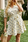 Xl-4Xl Plus Size Summer New Stylish Batch Printing Single Breasted Inelastic With Belt Loose Casual Mini Dress