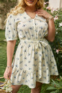 Xl-4Xl Plus Size Summer New Stylish Batch Printing Single Breasted Inelastic With Belt Loose Casual Mini Dress