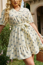 Xl-4Xl Plus Size Summer New Stylish Batch Printing Single Breasted Inelastic With Belt Loose Casual Mini Dress