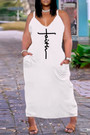 Xl-4Xl Plus Size Summer New Stylish Two Colors Letter Printing Adjustable Sling Stretch With Pocket Casual Midi Dress