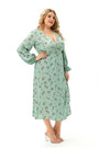 Xl-5Xl Autumn New Floral Printing Micro-Elastic V-Neck Tie-Waist Slit Stylish Midi Dress