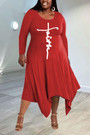 Xl-5Xl Plus Size Spring New Stylish Three Colors Crew Neck Letter Printing Irregular Hem Stretch Casual Midi Dress