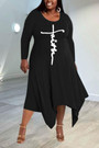 Xl-5Xl Plus Size Spring New Stylish Three Colors Crew Neck Letter Printing Irregular Hem Stretch Casual Midi Dress