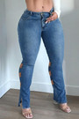 Xl-5Xl Spring New Two Colors Micro-Elastic High Waist Cutout Pockets Button Zip-Up Low-Slit Stylish Curvy Jeans