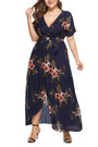 Xl-5Xl Summer New Plus Size Flower Batch Printing Inelastic V-Neck Stylish Bohemia Style Maxi Dress With Belt