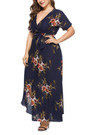 Xl-5Xl Summer New Plus Size Flower Batch Printing Inelastic V-Neck Stylish Bohemia Style Maxi Dress With Belt