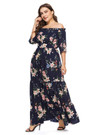 Xl-6Xl Plus Size Spring New Stylish Inelastic Floral Batch Printing Off-The Shoulder Elbow Sleeves Casual Maxi Dress