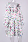 Xs-L Floral Printing Inelastic Square-Neck Lace-Up Zip-Up Back Sweet Rural Mini Dress