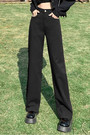 Xs-L Spring New Solid Color Inelastic High Waist Button Zip-Up Pockets Wide-Leg Stylish Straight Jeans