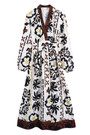 Xs-L Spring New Stylish Inelastic Flower Batch Printing Long Sleeves Lace-Up V-Neck Loose Casual Maxi Dress