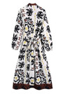 Xs-L Spring New Stylish Inelastic Flower Batch Printing Long Sleeves Lace-Up V-Neck Loose Casual Maxi Dress
