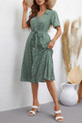 Xs-L Summer New Floral Batch Printing Inelastic Short Sleeves Single-Breasted With Belt Casual Midi Dress