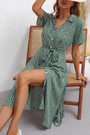 Xs-L Summer New Floral Batch Printing Inelastic Short Sleeves Single-Breasted With Belt Casual Midi Dress