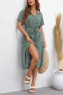 Xs-L Summer New Floral Batch Printing Inelastic Short Sleeves Single-Breasted With Belt Casual Midi Dress
