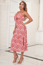 Xs-L Summer New Stylish Batch Printing Sling Inelastic Hollow High Slit Good Quality Zip-Up Backless Sexy Midi Dress
