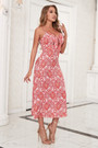 Xs-L Summer New Stylish Batch Printing Sling Inelastic Hollow High Slit Good Quality Zip-Up Backless Sexy Midi Dress