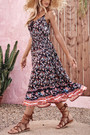 Xs-L Summer New Stylish Floral Batch Printing Inelastic Sling Backless Casual Midi Dress