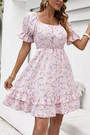 Xs-L Summer New Stylish Floral Batch Printing Micro Elastic Ruffle Square Neckline Lace-Up Loose Casual Mini Dress