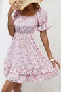 Xs-L Summer New Stylish Floral Batch Printing Micro Elastic Ruffle Square Neckline Lace-Up Loose Casual Mini Dress