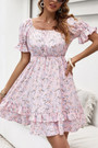 Xs-L Summer New Stylish Floral Batch Printing Micro Elastic Ruffle Square Neckline Lace-Up Loose Casual Mini Dress