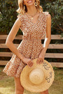 Xs-L Summer New Stylish Floral Batch Printing Micro Elastic Ruffle V-Neck Casual Mini Dress