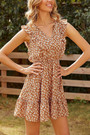 Xs-L Summer New Stylish Floral Batch Printing Micro Elastic Ruffle V-Neck Casual Mini Dress