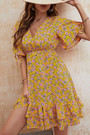 Xs-L Summer New Stylish Floral Batch Printing Micro Elastic V-Neck Lace-Up Ruffle Casual Mini Dress