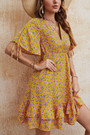 Xs-L Summer New Stylish Floral Batch Printing Micro Elastic V-Neck Lace-Up Ruffle Casual Mini Dress