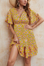Xs-L Summer New Stylish Floral Batch Printing Micro Elastic V-Neck Lace-Up Ruffle Casual Mini Dress