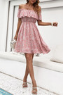 Xs-L Summer New Stylish Floral Batch Printing Stretch Off-The-Shoulder Ruffle Casual Mini Dress