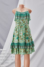 Xs-L Summer New Stylish Floral Printing Stretch Ruffle Sling Backless Casual Mini Dress