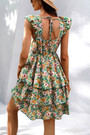 Xs-L Summer New Stylish Flower Batch Printing Micro Elastic Ruffle Sling Backless Lace-Up Casual Mini Dress