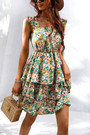 Xs-L Summer New Stylish Flower Batch Printing Micro Elastic Ruffle Sling Backless Lace-Up Casual Mini Dress