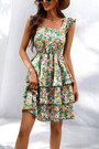 Xs-L Summer New Stylish Flower Batch Printing Micro Elastic Ruffle Sling Backless Lace-Up Casual Mini Dress