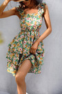 Xs-L Summer New Stylish Flower Batch Printing Micro Elastic Ruffle Sling Backless Lace-Up Casual Mini Dress