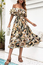 Xs-L Summer New Stylish Flower & Leaf Batch Printing Inelastic Off-The-Shoulder Ruffle Casual Midi Dress