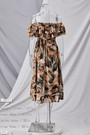 Xs-L Summer New Stylish Flower & Leaf Batch Printing Inelastic Off-The-Shoulder Ruffle Casual Midi Dress