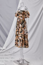 Xs-L Summer New Stylish Flower & Leaf Batch Printing Inelastic Off-The-Shoulder Ruffle Casual Midi Dress