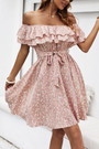 Xs-L Summer New Stylish Inelastic Floral Batch Printing Off-The-Shoulder Ruffle Casual Mini Dress With Belt