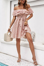 Xs-L Summer New Stylish Inelastic Floral Batch Printing Off-The-Shoulder Ruffle Casual Mini Dress With Belt