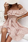 Xs-L Summer New Stylish Inelastic Floral Batch Printing Off-The-Shoulder Ruffle Casual Mini Dress With Belt