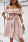 Xs-L Summer New Stylish Inelastic Floral Batch Printing Off-The-Shoulder Ruffle Casual Mini Dress With Belt