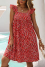 Xs-L Summer New Stylish Inelastic Floral Batch Printing Ruffle Sling Backless Loose Casual Mini Dress