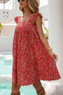Xs-L Summer New Stylish Inelastic Floral Batch Printing Ruffle Sling Backless Loose Casual Mini Dress