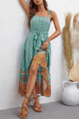 Xs-L Summer New Stylish Inelastic Floral Batch Printing Sleeveless Sling Backless With Belt Casual Midi Dress