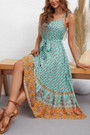 Xs-L Summer New Stylish Inelastic Floral Batch Printing Sleeveless Sling Backless With Belt Casual Midi Dress