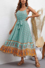 Xs-L Summer New Stylish Inelastic Floral Batch Printing Sleeveless Sling Backless With Belt Casual Midi Dress