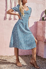 Xs-L Summer New Stylish Inelastic Floral Batch Printing Square Neckline Split Casual Midi Dress